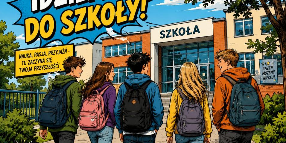 młodzież z plecakami zmierzająca do szkoły